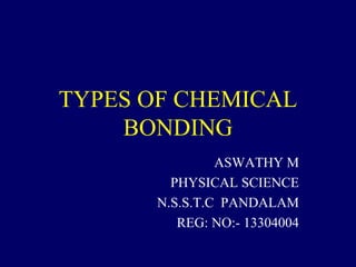 TYPES OF CHEMICAL 
BONDING 
ASWATHY M 
PHYSICAL SCIENCE 
N.S.S.T.C PANDALAM 
REG: NO:- 13304004 
 