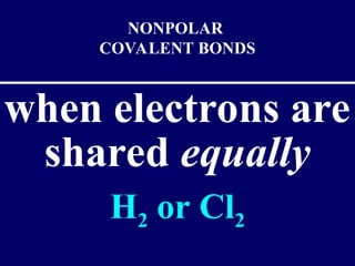 when electrons are
shared equally
NONPOLAR
COVALENT BONDS
H2 or Cl2
 