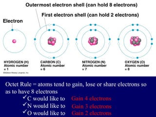 Octet Rule = atoms tend to gain, lose or share electrons so
as to have 8 electrons
C would like to
N would like to
O would like to
Gain 4 electrons
Gain 3 electrons
Gain 2 electrons
 