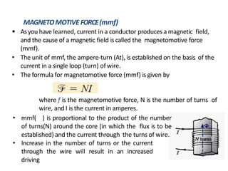 MAGNETOMOTIVEFORCE(mmf)
 Asyou have learned, current in a conductor produces a magnetic field,
and the cause of a magnetic field is called the magnetomotive force
(mmf).
• The unit of mmf, the ampere-turn (At), is established on the basis of the
current in a single loop (turn) ofwire.
• The formula for magnetomotive force (mmf) is given by
where f is the magnetomotive force, N is the number of turns of
wire, and I is the current in amperes.
• mmf( ) is proportional to the product of the number
of turns(N) around the core (in which the flux is to be
established) and the current through the turns of wire.
• Increase in the number of turns or the current
through the wire will result in an increased
driving
 