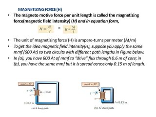 MAGNETIZINGFORCE(H)
• The magneto motive force per unit length is called the magnetizing
force(magnetic field intensity) (H) and in equation form,
=
• The unit of magnetizing force (H) is ampere-turns per meter (At/m)
• Toget the idea magnetic field intensity(H), suppose you apply the same
mmf (600 At) to two circuits with different path lengths in Figure below.
• In (a), you have 600 At of mmf to “drive” flux through 0.6 m of core; in
(b), you have the same mmf but it is spread acrossonly 0.15 m of length.
 
