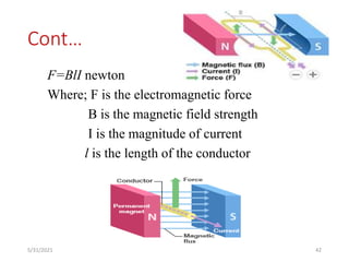 Cont…
F=BlI newton
Where; F is the electromagnetic force
B is the magnetic field strength
I is the magnitude of current
l is the length of the conductor
42
5/31/2021
 