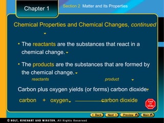 Section 2 Matter and Its Properties
   Chapter 1

Chemical Properties and Chemical Changes, continued


 • The reactants are the substances that react in a
   chemical change.

 • The products are the substances that are formed by
   the chemical change.
      reactants                          product

 Carbon plus oxygen yields (or forms) carbon dioxide.
 carbon    + oxygen                    carbon dioxide
 