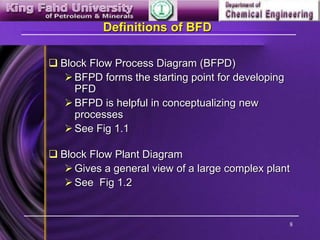 8
Definitions of BFD
 Block Flow Process Diagram (BFPD)
BFPD forms the starting point for developing
PFD
BFPD is helpful in conceptualizing new
processes
See Fig 1.1
 Block Flow Plant Diagram
Gives a general view of a large complex plant
See Fig 1.2
 