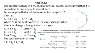 The enthalpy change in a chemical or physical process is similar whether it is
carried out in one step or in several steps.
Hess’s Law
Let us suppose that a substance A can be changed to Z
directly.
A → Z + Q1 ∆H = – Q1
where Q1
is the heat evolved in the direct change. When
the same change is brought about in stages :
A → B + q1
∆H2 = – q1
B → C + q2
∆H2 = – q2
C → Z + q3
∆H2 = – q3
The total evolution of heat
= q1
+ q2
+ q3
= Q1
 