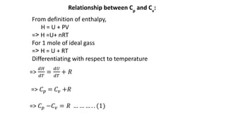 Relationship between Cp
and Cv
:
From definition of enthalpy,
H = U + PV
=˃ H =U+ nRT
For 1 mole of ideal gass
=˃ H = U + RT
Differentiating with respect to temperature
 