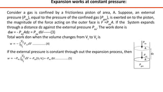Consider a gas is confined by a frictionless piston of area, A. Suppose, an external
pressure (Pex
), equal to the pressure of the confined gas (Pgas
), is exerted on to the piston,
the magnitude of the force acting on the outer face is F =Pex
A. If the System expands
through a distance dz against the external pressure Pex
. The work done is
dw = - Pex
Adz = Pex
dV------(3)
Total work don when the volume changes from Vi
to Vf
is
If the external pressure is constant through out the expansion process, then
A
A
dz
Pex
Pgas
Expansion works at constant pressure:
Pex
 