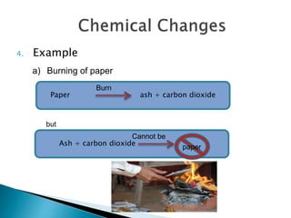 4. Example
a) Burning of paper
Paper ash + carbon dioxide
Burn
but
Ash + carbon dioxide
Cannot be
paper
 