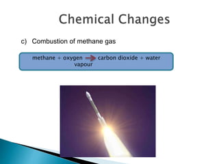 c) Combustion of methane gas
methane + oxygen carbon dioxide + water
vapour
 