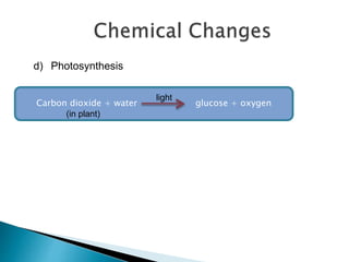 d) Photosynthesis
Carbon dioxide + water glucose + oxygen
light
(in plant)
 