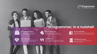 iProgrammer, in a nutshell
17YearsofExcellence
For 17 years, iProgrammer has excelled in
bespoke product engineering and more.
350+TechTeam
We are more than 350 tech experts with a strong
background in various leading technologies.
300+ProductsLive
Successfully delivered premier products
across both web and mobile platforms to date.
FortuneIndia500
iProgrammer has been the technology partner to Fortune
India 500 - Hero Corp, Tata Communications and HDFC.
4MillionDAUs
Our B2C mobile application developed for Vodafone-
Idea currently has 4 million daily active users (DAUs).
128MillionEndUsers
Our applications have been utilized by around 128
million end users globally.
 
