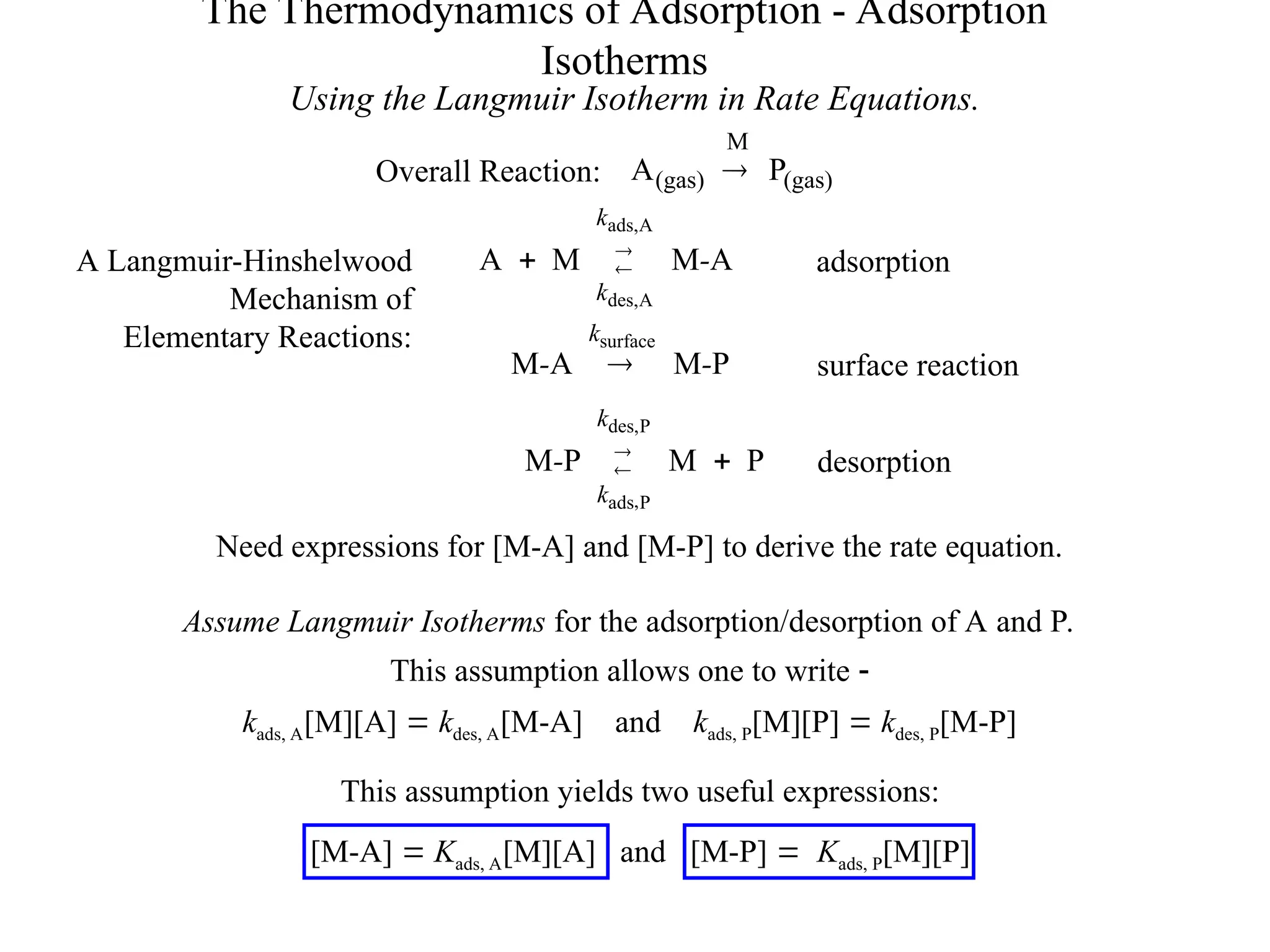 The Thermodynamics of Adsorption - Adsorption
Isotherms
Using the Langmuir Isotherm in Rate Equations.
Need expressions for [M-A] and [M-P] to derive the rate equation.
Assume Langmuir Isotherms for the adsorption/desorption of A and P.
This assumption allows one to write 
kads, A[M][A]  kdes, A[M-A] and kads, P[M][P]  kdes, P[M-P]
A Langmuir-Hinshelwood
Mechanism of
Elementary Reactions:
This assumption yields two useful expressions:
[M-A]  Kads, A[M][A] and [M-P]  Kads, P[M][P]
Overall Reaction: (gas)
M
(gas) P
A 
A
M
M
A
A
ads,
A
des,
-
k
k


 adsorption
surface reaction
P
M
P
M
P
des,
P
,
ads



k
k
- desorption
P
M
A
M
surface
-
-
k

 