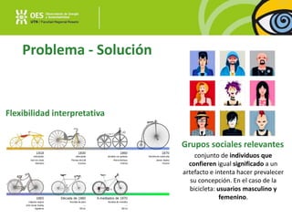 Problema - Solución
Grupos sociales relevantes
Flexibilidad interpretativa
conjunto de individuos que
confieren igual significado a un
artefacto e intenta hacer prevalecer
su concepción. En el caso de la
bicicleta: usuarios masculino y
femenino.
 
