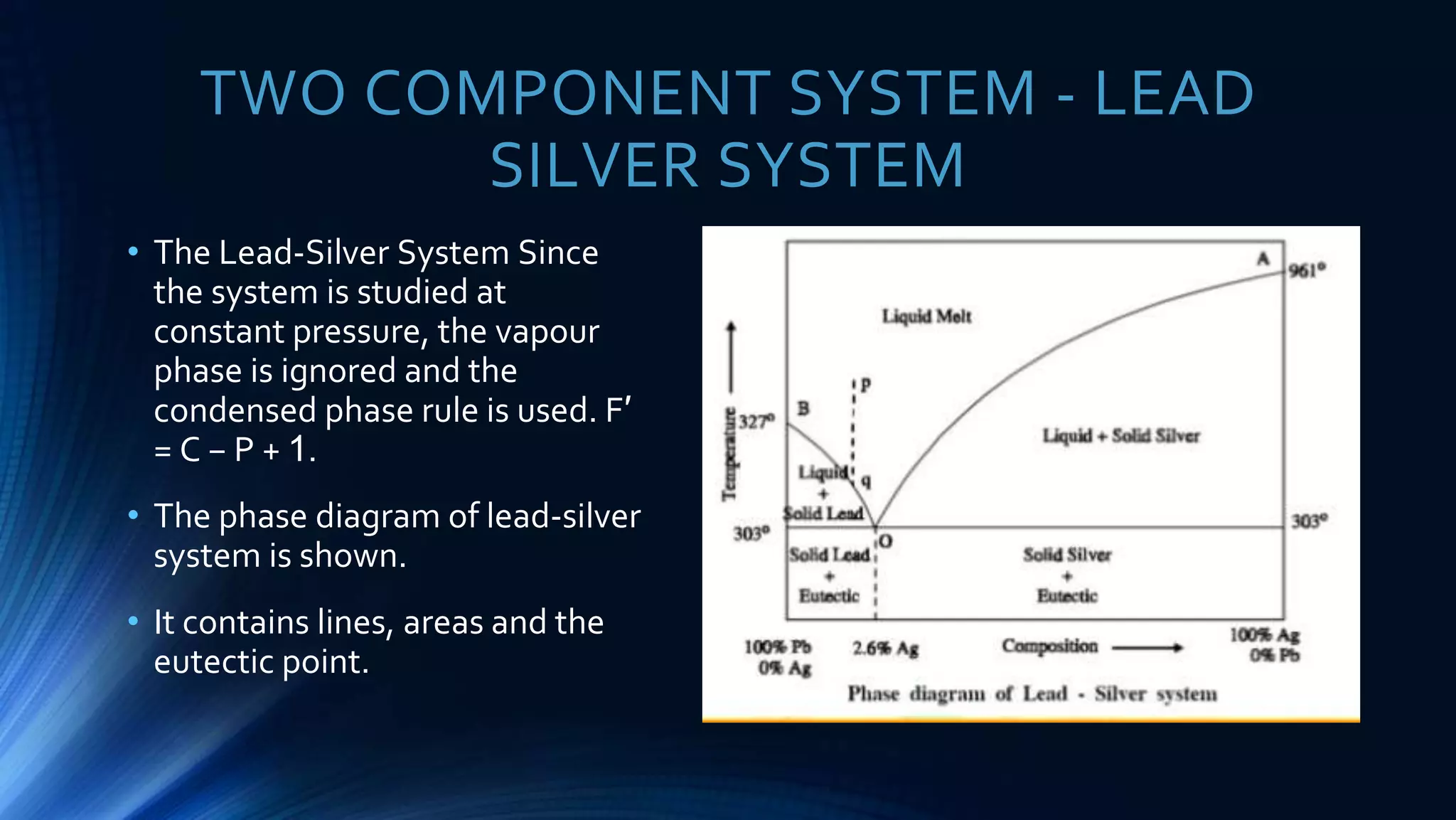TWO COMPONENT SYSTEM - LEAD
SILVER SYSTEM
• The Lead-Silver System Since
the system is studied at
constant pressure, the vapour
phase is ignored and the
condensed phase rule is used. F′
= C − P + 1.
• The phase diagram of lead-silver
system is shown.
• It contains lines, areas and the
eutectic point.
 