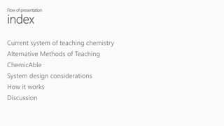 Current system of teaching chemistry
Alternative Methods of Teaching
ChemicAble
System design considerations
How it works
Discussion
 