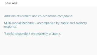 Addition of covalent and co-ordination compound.
Multi-modal feedback – accompanied by haptic and auditory
response.
Transfer dependent on proximity of atoms.
Future Work
 