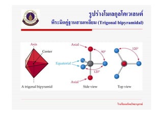 รูปรางโมเลกุลโคเวเลนต
พีระมิดคูฐานสามเหลี่ยม (Trigonal bipyramidal)
         




                                โรงเรียนมหิดลวิทยานุสรณ
 