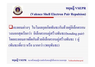 ทฤษฎี VSEPR
                  (Valence Shell Electron Pair Repulsion)

   อะตอมตางๆ ในโมเลกุลเกิดพันธะกันดวยคูอิเล็กตรอน
วงนอกสุดเรียกวา อิเล็กตรอนคูสรางพันธะ(bonding pair)
โดยอะตอมอาจยึดกันดวยอิเล็กตรอนคูสรางพันธะ 1 คู
(พันธะเดี่ยว) หรือ มากกวา (พหุพันธะ)

  ทฤษฎี VSEPR   หมายถึงทฤษฎีการผลักกันของคูอเิ ล็กตรอนวงนอกสุด   โรงเรียนมหิดลวิทยานุสรณ
 