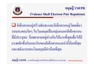 ทฤษฎี VSEPR
                (Valence Shell Electron Pair Repulsion)

     อิเล็กตรอนคูสรางพันธะและอิเล็กตรอนคูโดดเดี่ยว
รอบอะตอมใดๆ ในโมเลกุลเปนกลุมหมอกอิเล็กตรอน
ที่มีประจุลบ จึงพยายามอยูหางกันใหมากที่สุดเพื่อใหมี
                            
แรงผลักซึ่งกันและกันของอิเล็กตรอนเหลานีนอยที่สุด
                                          ้
และพลังงานของโมเลกุลมีคานอยที่สุด

ทฤษฎี VSEPR   หมายถึงทฤษฎีการผลักกันของคูอเิ ล็กตรอนวงนอกสุด   โรงเรียนมหิดลวิทยานุสรณ
 
