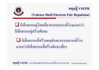 ทฤษฎี VSEPR
                (Valence Shell Electron Pair Repulsion)

      อิเล็กตรอนคูโดดเดี่ยวครอบครองที่วางมากกวา
 อิเล็กตรอนคูสรางพันธะ
     อิเล็กตรอนที่สรางพหุพนธะครอบครองที่วาง
                            ั
  มากกวาอิเล็กตรอนที่สรางพันธะเดี่ยว


ทฤษฎี VSEPR   หมายถึงทฤษฎีการผลักกันของคูอเิ ล็กตรอนวงนอกสุด   โรงเรียนมหิดลวิทยานุสรณ
 