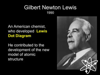 Gilbert Newton Lewis
1990
An American chemist,
who developed Lewis
Dot Diagram
He contributed to the
development of the new
model of atomic
structure
 