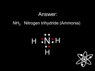 Answer:
N HH
H
NH3 Nitrogen trihydride (Ammonia)
 