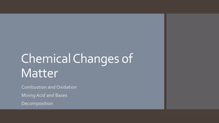 ChemicalChanges of
Matter
Combustion and Oxidation
Mixing Acid and Bases
Decomposition
 