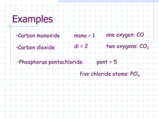 Examples Carbon monoxide mono = 1 one oxygen: CO Carbon dioxide di = 2 two oxygens: CO 2 Phosphorus pentachloride pent = 5 five chloride atoms: PCl 5 