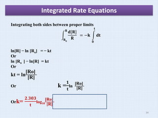 Integrating both sides between proper limits
𝐑𝟎
𝐑
𝐝[𝐑]
𝐑
= −𝐤
𝟎
𝐭
𝐝𝐭
ln[R] ̶ ln [Ro] = ̶ kt
Or
ln [Ro ] ̶ ln[R] = kt
Or
kt = ln
[Ro]
[R]
Or k =
𝟏
𝐭
ln
[Ro]
[R]
Ork=
𝟐.𝟑𝟎𝟑
𝐭
log10
[Ro]
[R]
Integrated Rate Equations
34
 