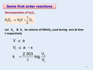 Some first order reactions
Decomposition of H2O2
2 2 2 2
1
H O H O O
2
 
Let Vo & Vt be volume of KMnO4 used during zero & time
t respectively
t
o
t
V a
V a x
V
2.303
k log
t V

 

50
 