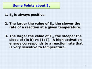 Some Points about Ea
1. Ea is always positive.
2. The larger the value of Ea, the slower the
rate of a reaction at a given temperature.
3. The larger the value of Ea, the steeper the
slope of (ln k) vs (1/T). A high activation
energy corresponds to a reaction rate that
is very sensitive to temperature.
55
 
