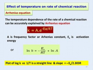 A is frequency factor or Arhenius constant, Ea is activation
energy
-Ea/RT
k = A.e
Plot of log k vs 1/T is a straight line & slope = ̶ Ea/2.303R
The temperature dependence of the rate of a chemical reaction
can be accurately explained by Arrhenius equation
Effect of temperature on rate of chemical reaction
or
Arrhenius equation
57
 