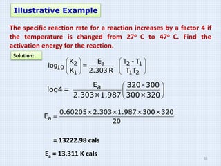    
   
   
a
2 2 1
10
1 1 2
E
K T - T
log =
K 2.303 R T T
 
 
 
a
E 320-300
log4=
2.303×1.987 300×320
a
0.60205×2.303×1.987×300×320
E =
20
= 13222.98 cals
Ea = 13.311 K cals
The specific reaction rate for a reaction increases by a factor 4 if
the temperature is changed from 27o C to 47o C. Find the
activation energy for the reaction.
Illustrative Example
Solution:
61
 