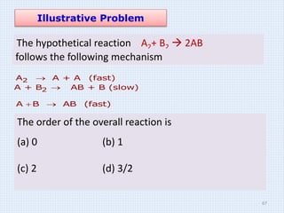 Illustrative Problem
The hypothetical reaction A2+ B2  2AB
follows the following mechanism
2
A A + A (fast)

2
A + B AB + B (slow)

A B AB (fast)
 
The order of the overall reaction is
(a) 0 (b) 1
(c) 2 (d) 3/2
67
 