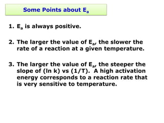 Some Points about Ea
1. Ea is always positive.
2. The larger the value of Ea, the slower the
rate of a reaction at a given temperature.
3. The larger the value of Ea, the steeper the
slope of (ln k) vs (1/T). A high activation
energy corresponds to a reaction rate that
is very sensitive to temperature.
 