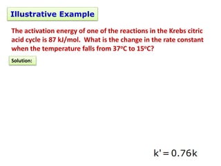 Illustrative Example
The activation energy of one of the reactions in the Krebs citric
acid cycle is 87 kJ/mol. What is the change in the rate constant
when the temperature falls from 37oC to 15oC?
Solution:
 