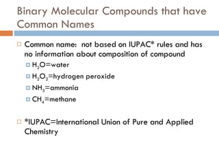 Binary Molecular Compounds that have Common Names Common name:  not based on IUPAC* rules and has no information about composition of compound H 2 O=water H 2 O 2 =hydrogen peroxide NH 3 =ammonia CH 4 =methane *IUPAC=International Union of Pure and Applied Chemistry 