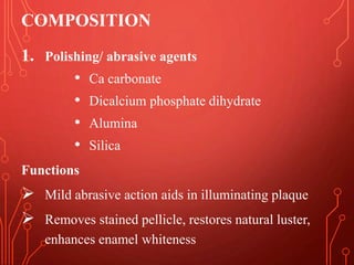 COMPOSITION
1. Polishing/ abrasive agents
• Ca carbonate
• Dicalcium phosphate dihydrate
• Alumina
• Silica
Functions
 Mild abrasive action aids in illuminating plaque
 Removes stained pellicle, restores natural luster,
enhances enamel whiteness
 
