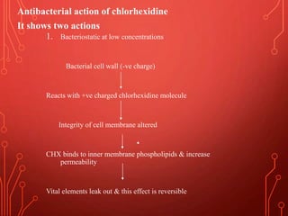 Antibacterial action of chlorhexidine
It shows two actions
1. Bacteriostatic at low concentrations
Bacterial cell wall (-ve charge)
Reacts with +ve charged chlorhexidine molecule
Integrity of cell membrane altered
CHX binds to inner membrane phospholipids & increase
permeability
Vital elements leak out & this effect is reversible
 
