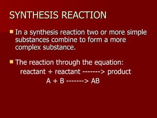 SYNTHESIS REACTION In a synthesis reaction two or more simple substances combine to form a more complex substance.  The reaction through the equation: reactant + reactant -------> product  A + B -------> AB 