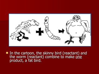 In the cartoon, the skinny bird (reactant) and the worm (reactant) combine to make  one  product, a fat bird. 