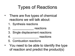 Types of Reactions There are five types of chemical reactions we will talk about: Synthesis reactions _____________ reactions Single displacement reactions ________________ reactions Combustion reactions You need to be able to identify the type of reaction and predict the product(s) 
