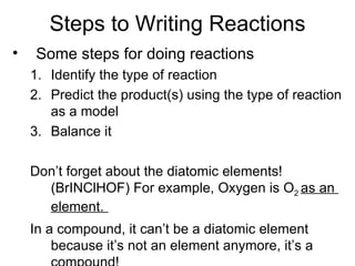 Steps to Writing Reactions Some steps for doing reactions Identify the type of reaction Predict the product(s) using the type of reaction as a model Balance it Don’t forget about the diatomic elements! (BrINClHOF) For example, Oxygen is O 2  as an   element.   In a compound, it can’t be a diatomic element because it’s not an element anymore, it’s a compound! 