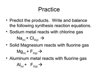 Practice Predict the products.  Write and balance the following synthesis reaction equations. Sodium metal reacts with chlorine gas  Na (s)  + Cl 2(g)   Solid Magnesium reacts with fluorine gas Mg (s)  + F 2(g)   Aluminum metal reacts with fluorine gas Al (s)  +  F 2(g)     
