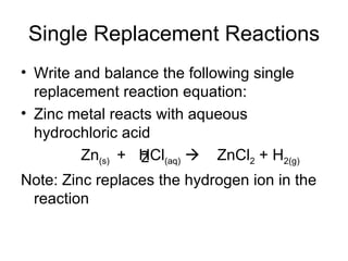 Single Replacement Reactions Write and balance the following single replacement reaction equation: Zinc metal reacts with aqueous hydrochloric acid Zn (s)  +  HCl (aq)      ZnCl 2  + H 2(g) Note: Zinc replaces the hydrogen ion in the reaction 2 