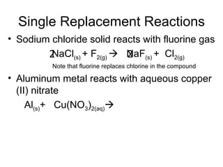 Single Replacement Reactions Sodium chloride solid reacts with fluorine gas  NaCl (s)  + F 2(g)     NaF (s)  +  Cl 2(g) Note that fluorine replaces chlorine in the compound Aluminum metal reacts with aqueous copper (II) nitrate  Al (s) +  Cu(NO 3 ) 2(aq)  2 2 