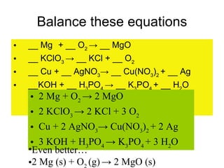 Balance these equations __ Mg + __ O 2  -> __ MgO __ KClO 3  -> __ KCl + __ O 2   __ Cu + __ AgNO 3 -> __ Cu(NO 3 ) 2  + __ Ag __KOH + __ H 3 PO 4  -> __ K 3 PO 4  + __ H 2 O    2 Mg + O 2  -> 2 MgO 2 KClO 3  -> 2 KCl + 3 O 2   Cu + 2 AgNO 3 -> Cu(NO 3 ) 2  + 2 Ag 3 KOH + H 3 PO 4  -> K 3 PO 4  + 3 H 2 O Even better… 2 Mg (s) + O 2  (g)   -> 2 MgO (s) 
