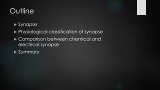 Outline
 Synapse
 Physiological classification of synapse
 Comparison between chemical and
electrical synapse
 Summary
 