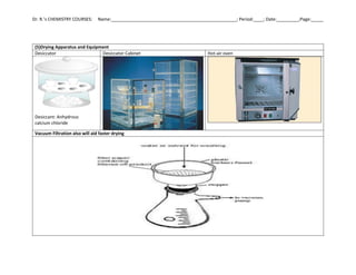 Dr. R.’s CHEMISTRY COURSES: Name:___________________________________________________; Period:____; Date:_________;Page:_____
(5)Drying Apparatus and Equipment
Desiccator Desiccator Cabinet Hot-air oven
Desiccant: Anhydrous
calcium chloride
Vacuum Filtration also will aid faster drying
 