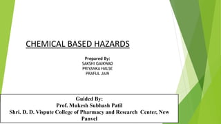 CHEMICAL BASED HAZARDS
Prepared By:
SAKSHI GAIKWAD
PRIYANKA HALSE
PRAFUL JAIN
Guided By:
Prof. Mukesh Subhash Patil
Shri. D. D. Vispute College of Pharmacy and Research Center, New
Panvel
 